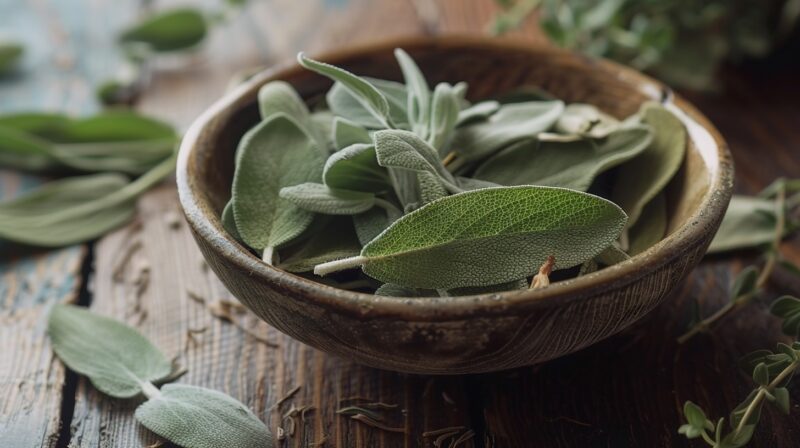 Fresh Sage in a wooden bowl ready for cooking use