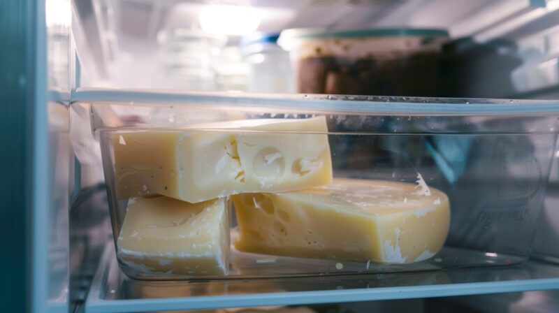 Provolone Cheese in a glass bowl stored in a fridge