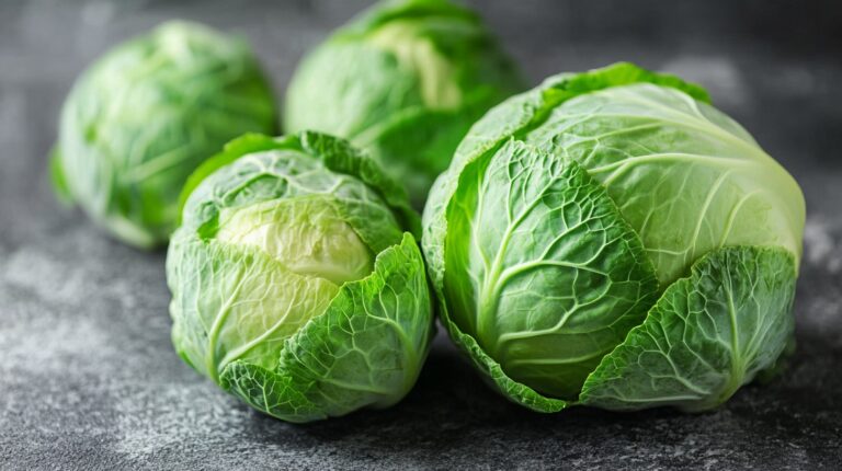 Fresh green cabbage heads with crisp leaves displayed on a dark surface, showcasing their vibrant color and texture.